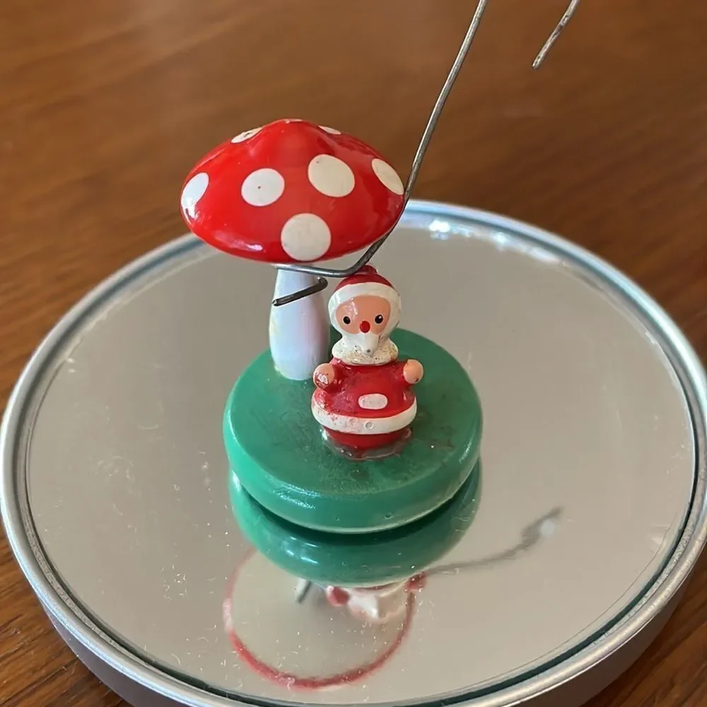 Tiny vintage Goula‎ Spain wooden Santa under a toadstool